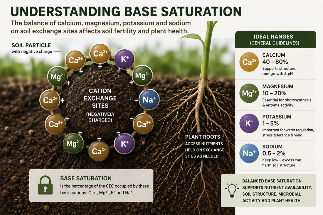 Base saturation diagram showing calcium, magnesium, potassium and sodium occupying cation exchange sites around soil particles and plant roots.