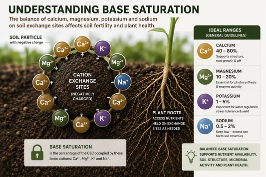 Base saturation diagram showing calcium, magnesium, potassium and sodium occupying cation exchange sites around soil particles and plant roots.