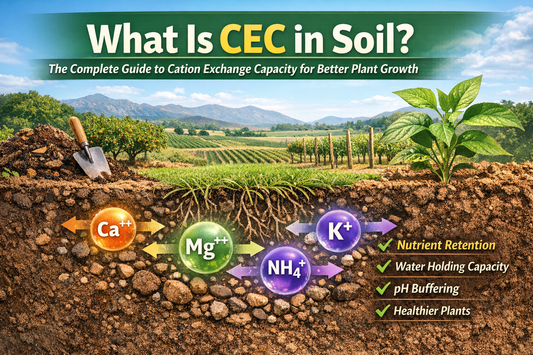Graphic explaining Cation Exchange Capacity (CEC) in soil, showing nutrient ions like calcium, magnesium, potassium, and ammonium moving through the root zone to improve plant growth.