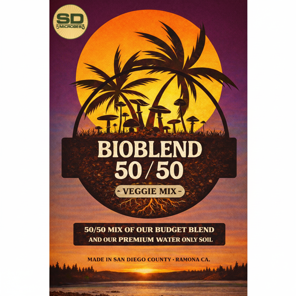 Bioblend 50/50 Veggie Mix soil product packaging with sunset and palm tree design.