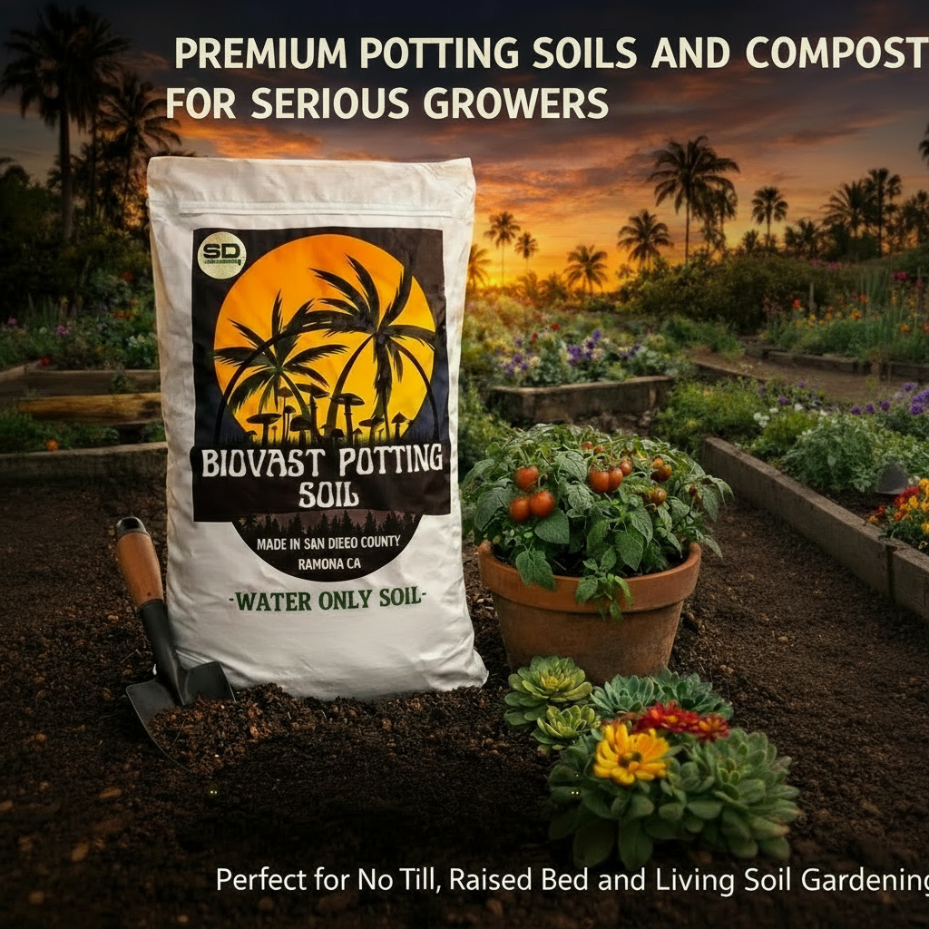 Biovast potting soil package with garden scene and sunset