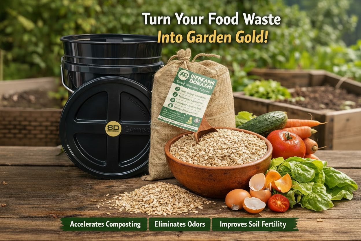 Composting system with a bag of Bokashi, and vegetables on a wooden surface in the garden