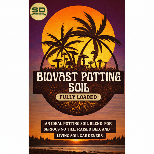 Advertisement for Biovast potting soil with palm trees and sunset background